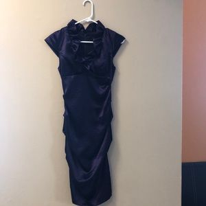 Dark purple polyester dress, ruched cap sleeve
